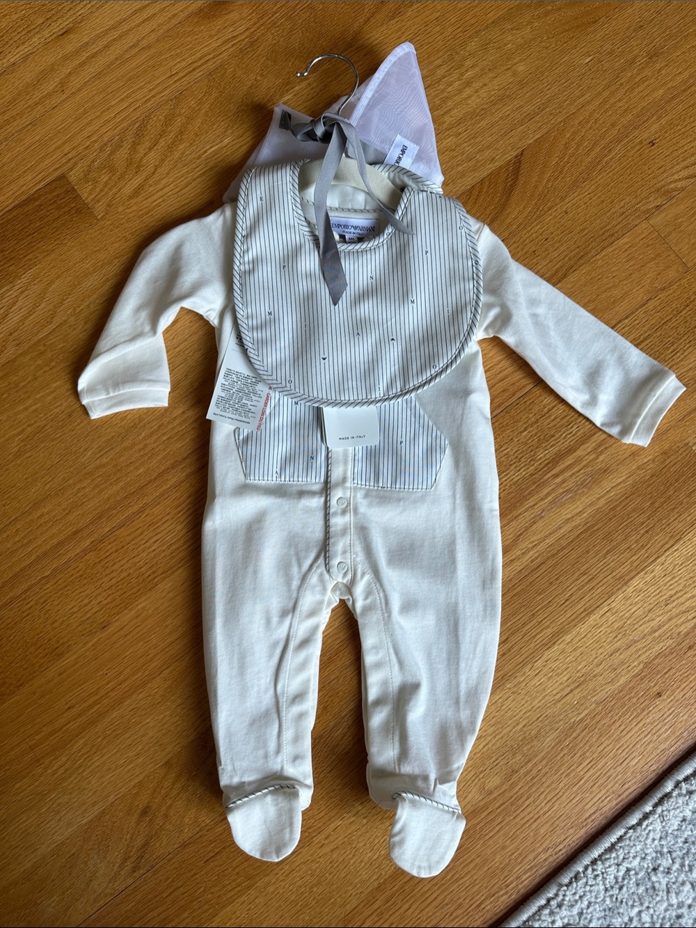 Emporio Armani Cream Footed One-Piece with Striped Bib